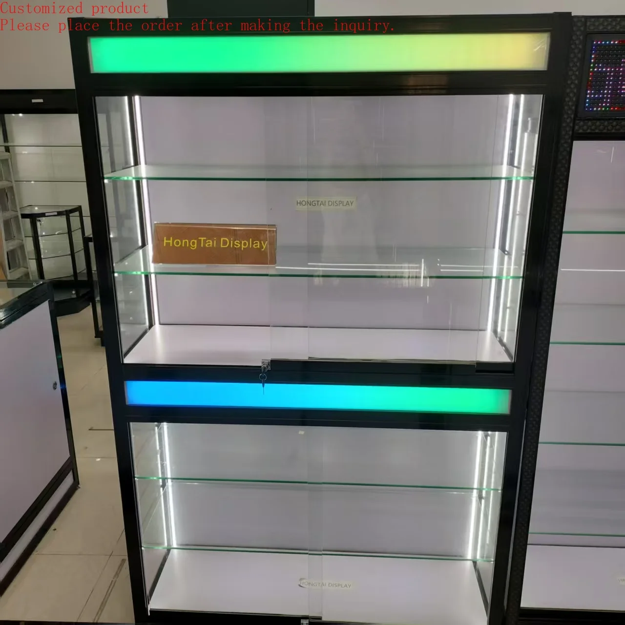

Custom.Popular Latest Modern Designed Wall Cabinet Smoke Shop Display Multi Color Light Retail Shop Display for High Showcase