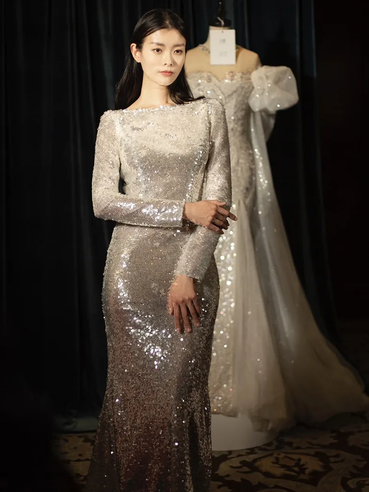 

Bridal Toast Dress Banquet Temperament Entry Long Sleeve Thank You Fishtail Sequins Host Evening