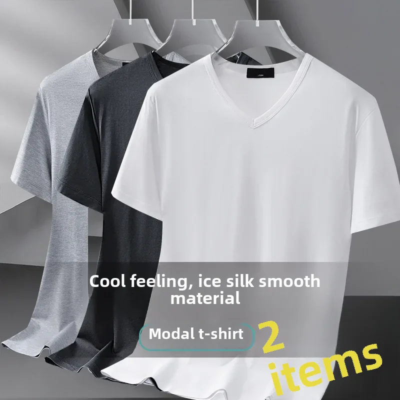 Modale Ice Silk Short Sleeve T-shirt Men's Summer Thin V-neck Pure Black Color Style Quick Dry Half Sleeve Body T-shirt Youth