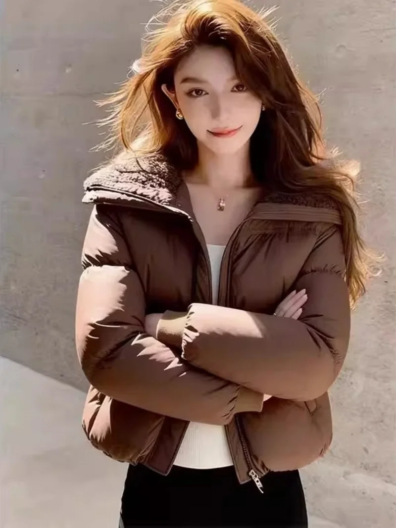 

Korean Women's Short Cotton Jacket 2026 New Arrivals Coffee Color Lapel Collar Slim Fit Warm Outerwear Coats J002