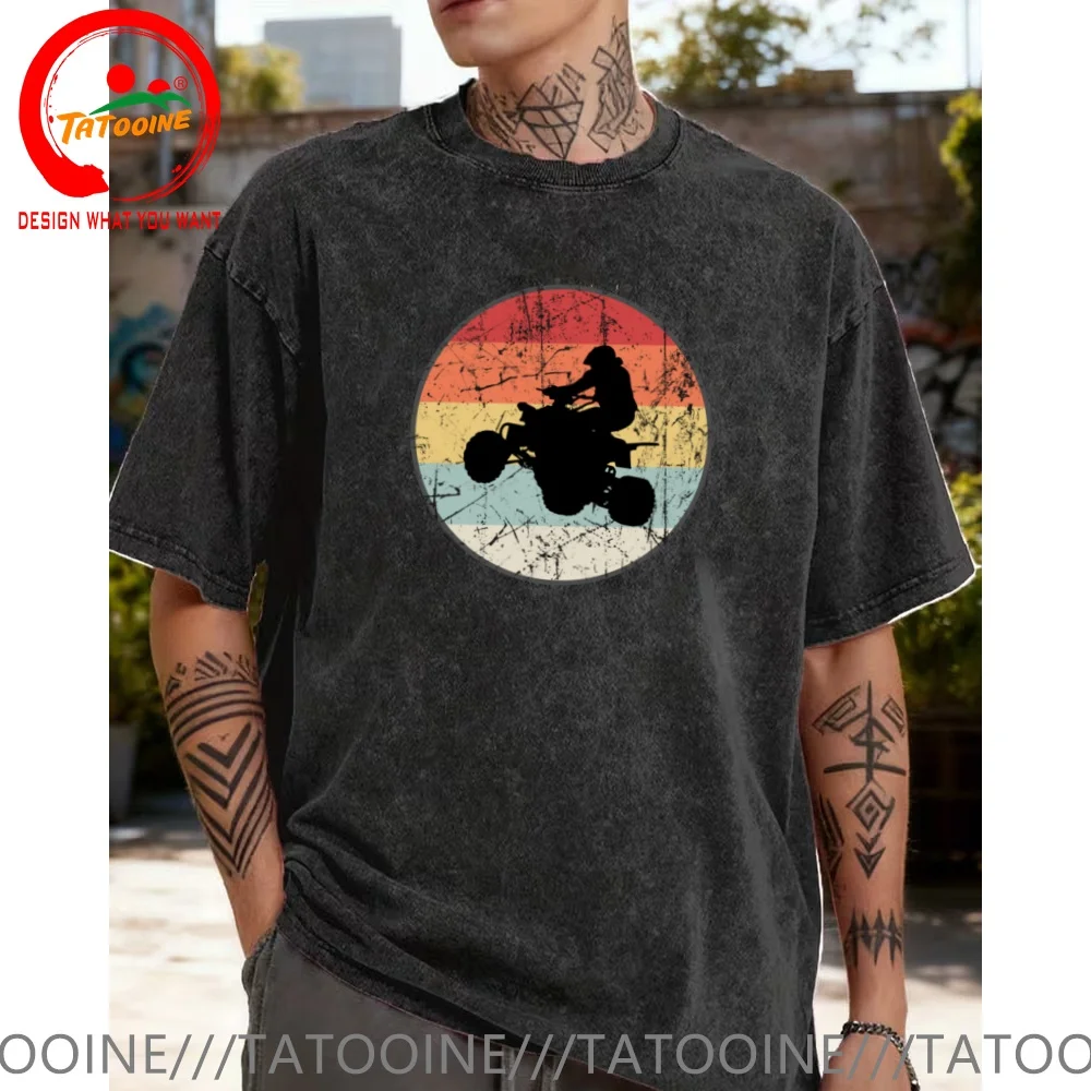 Vintage Washed Cotton T-Shirt Funny Designer ATV Quad driver in a retro vintage circle T Shirt Men Fashion Trendy Casual Clothin