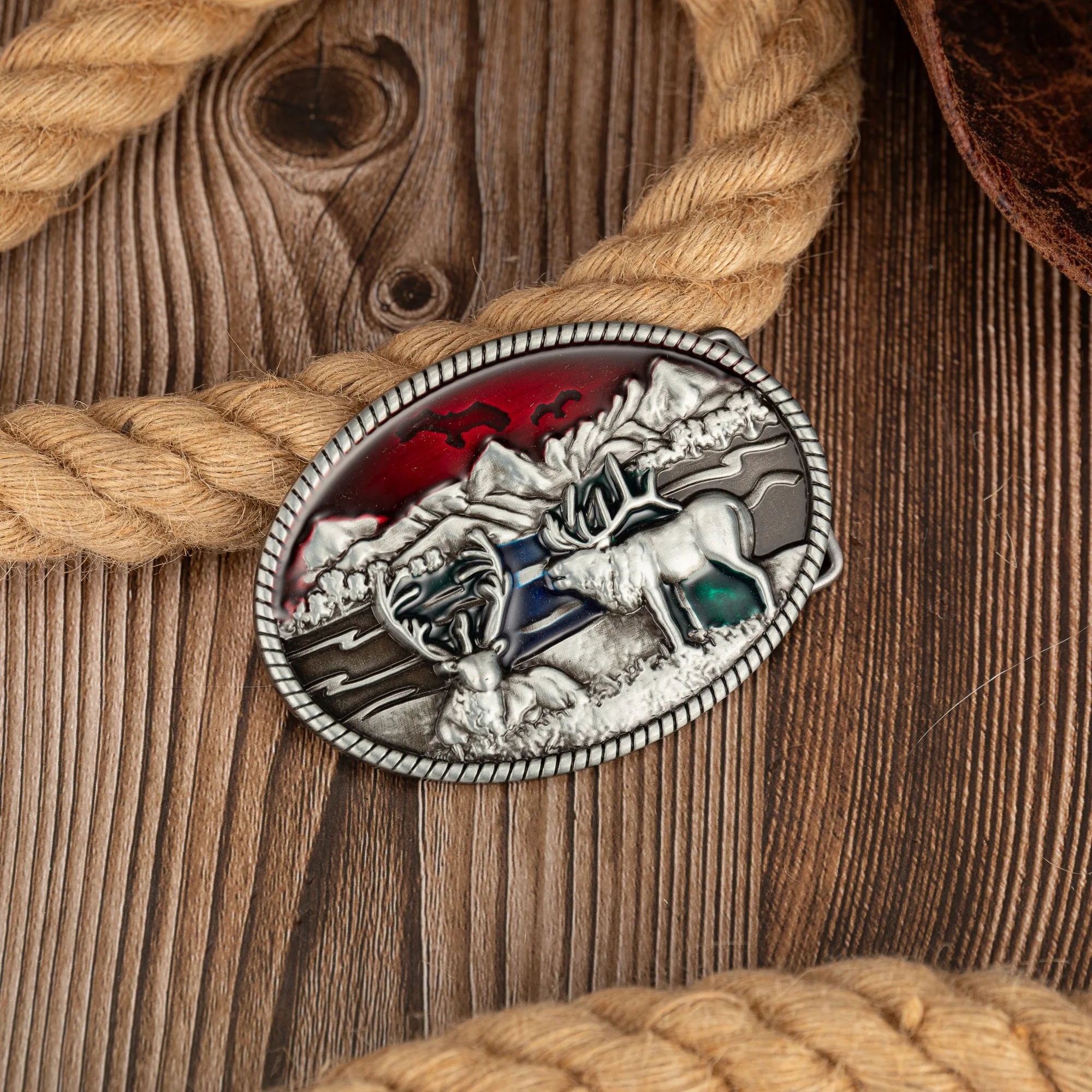 1 two elk alpine red ground oval buckle, retro fashion western men's novelty belt buckle, Viking American style can be matched w