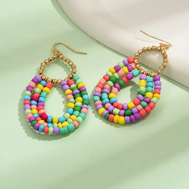 

Beaded earrings Colour Water drop Retro Originality Hand knitting Bohemia Alloy Tide Simple Geometry Rice bead earrings