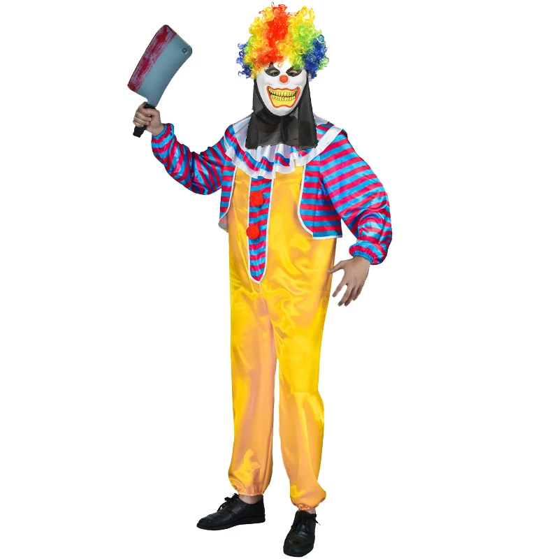 Halloween Mens Clown Costume  Fancy Dress Scary Colorful Clown Jumpsuit with Wig Costumes For Christmas Adult Cosplay