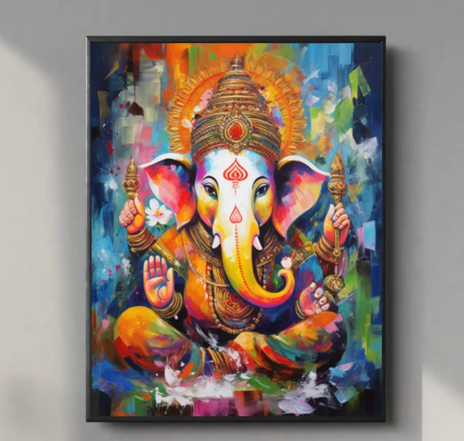 al-Custom Size Handmade Textured Colorful Lord Ganesha God Canvas Hindu Art Painting for Home Living Room Wall Decor！