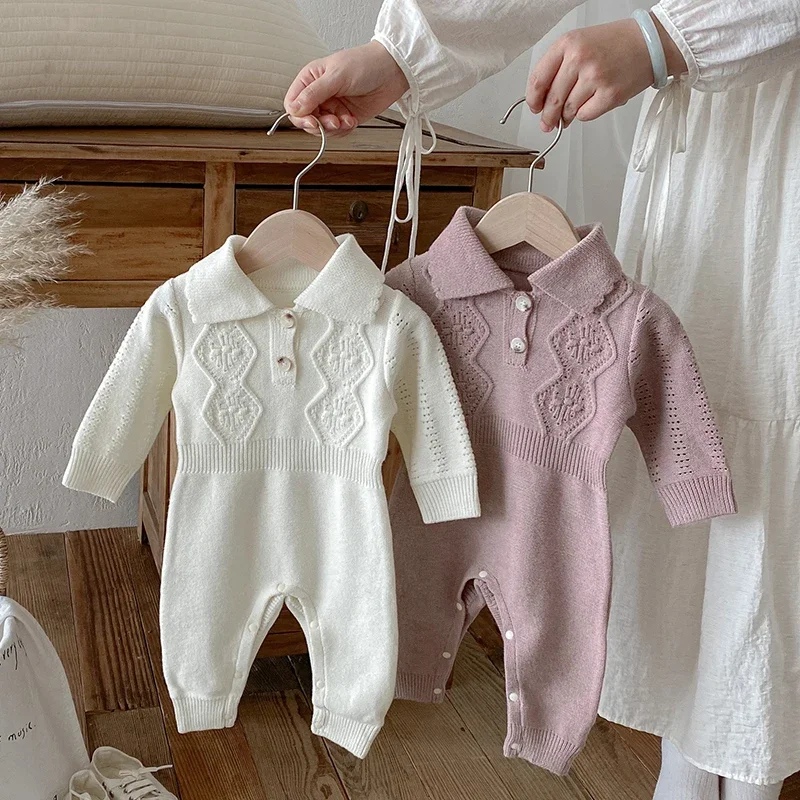 

025 New Autumn Infant Baby Girls Knitted Jumpsuit Long Sleeved Solid Color Toddler Baby Girl Knitted Romper Baby Girl Clothing