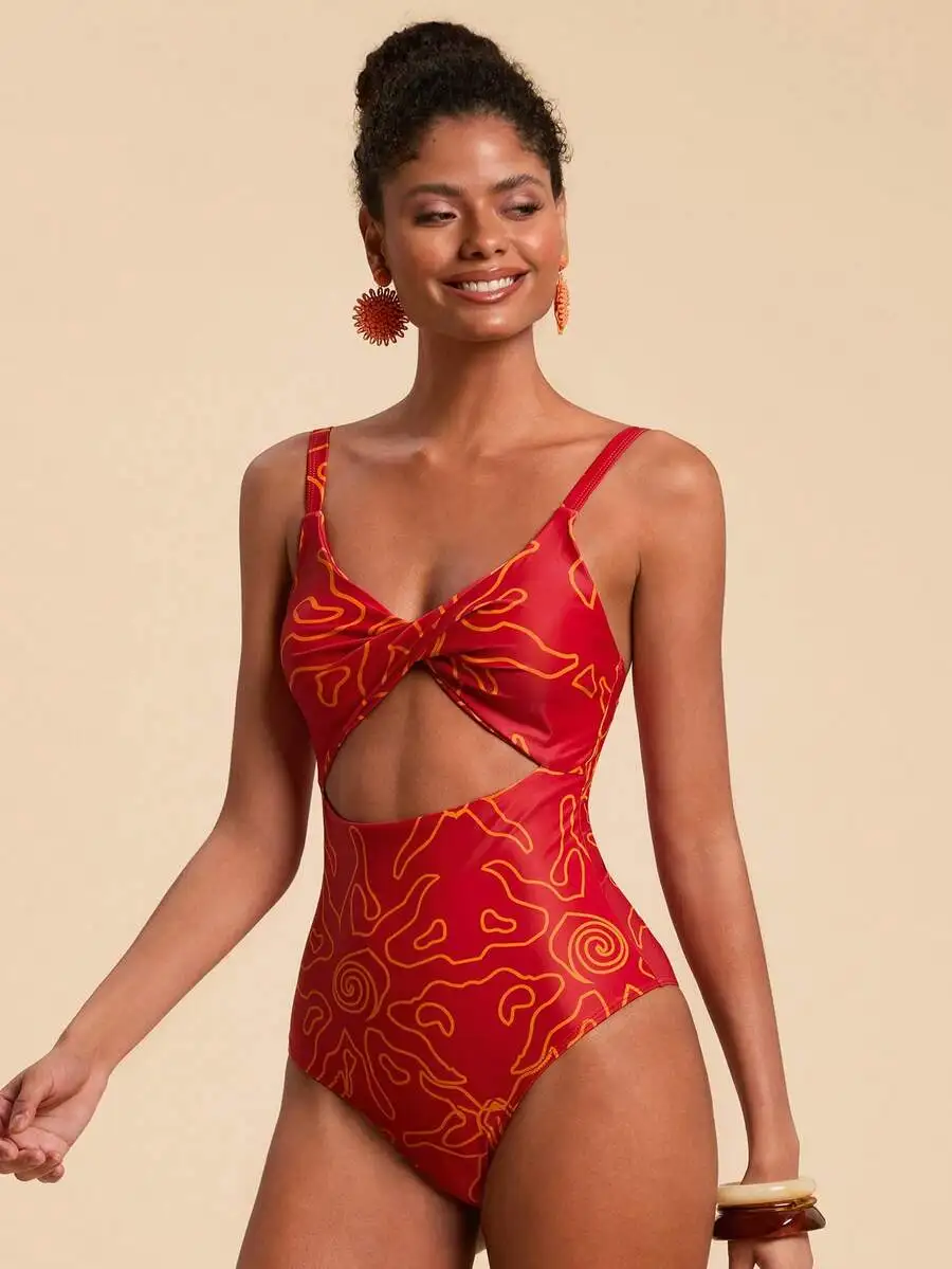 

Womens Red Graphic Print Twist Waist Hollow One-Piece Swimsuit
