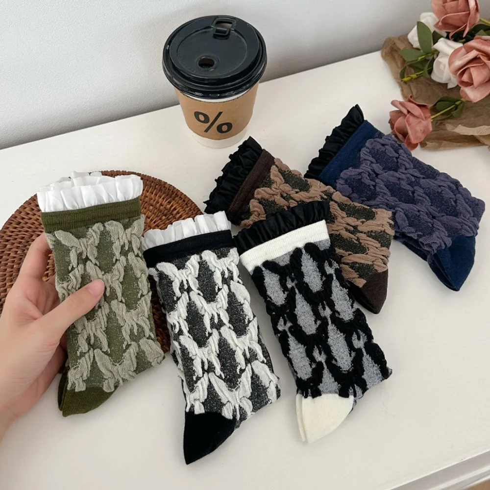 5 Pair Fashion Style Women's Socks Personalized Splicing Lace Edge Middle Tube Socks  Autumn Winter Animal Print Cute Woman Sock