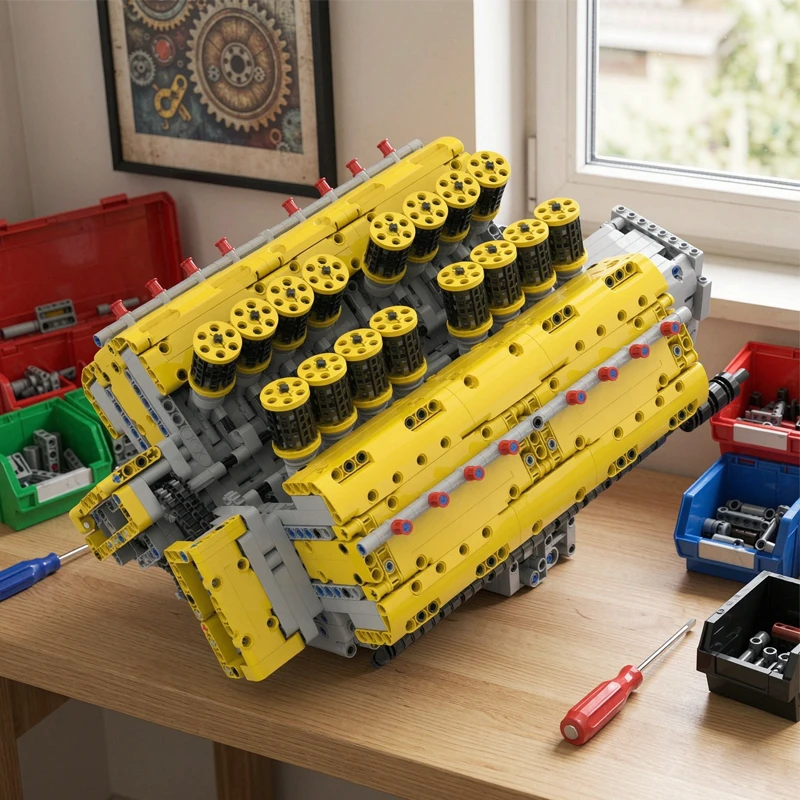 MOC-169906 Building Block Model V16 Engine, Dual Throttle Valve, Naturally Aspirated Car Model, 3247 Pieces, Birthday Toy Gift