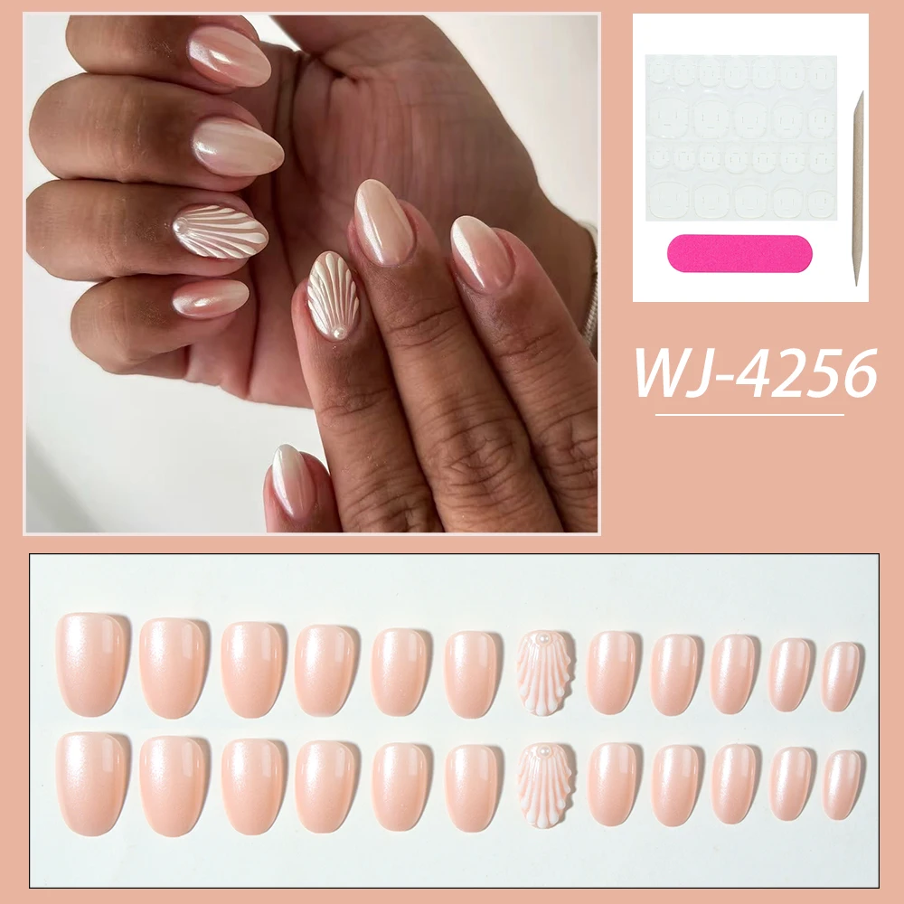 24 pieces / set of short oval 3D gel pure color pressed nails, with shell stripes, metallic luster, and pearl decorations view 5