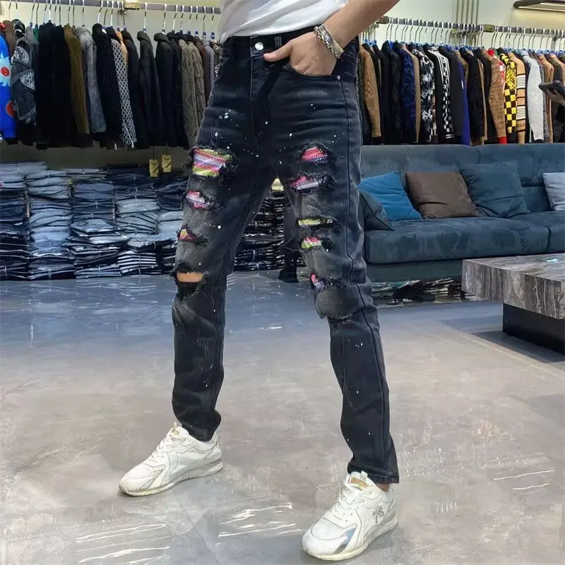 

American High Street Splaed Patchwork Men's Jeans Faionable Slim Fit Elastic Ankle Pants Long Trousers Youth Casual Wear