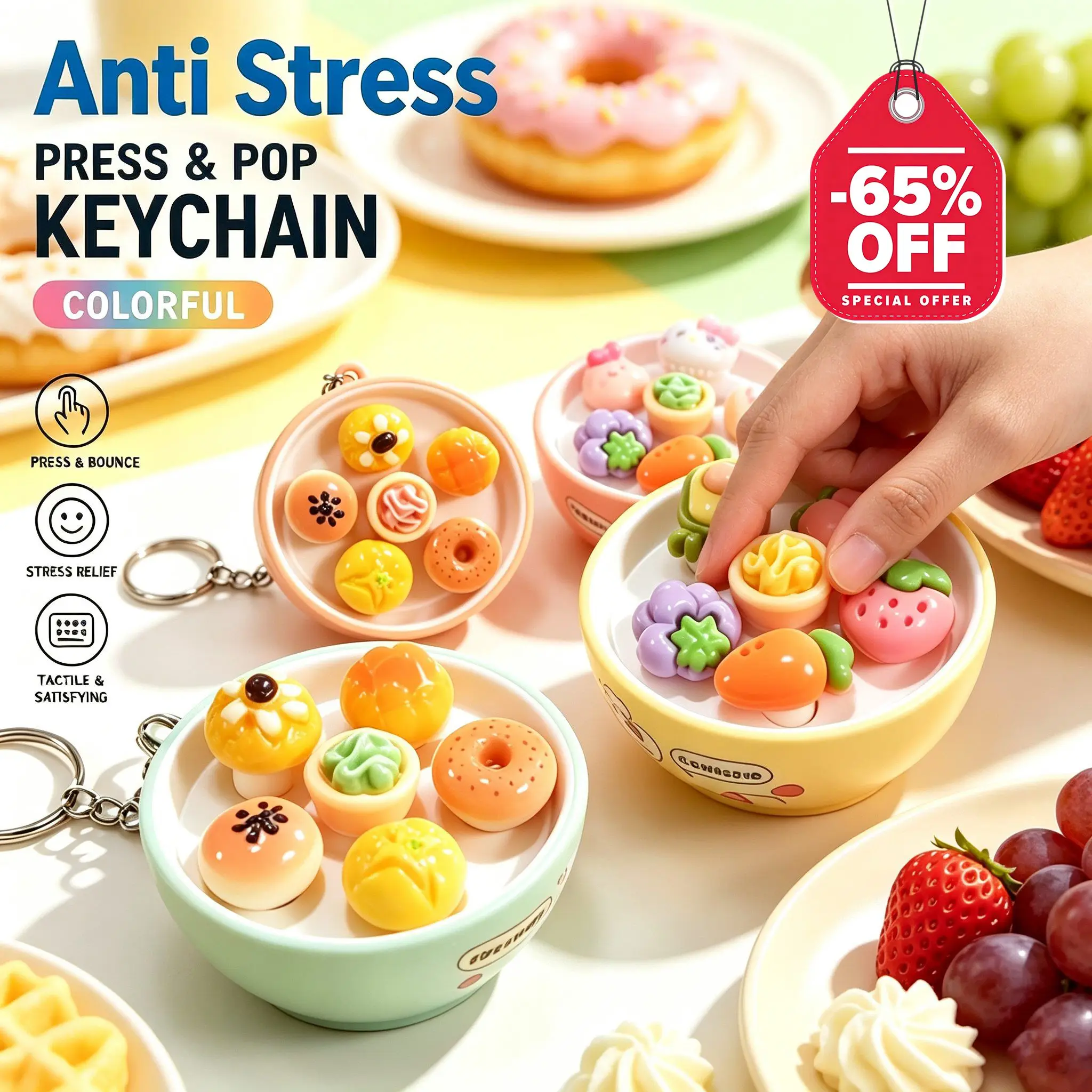 Mini Whack A Mole Bowl Fidget Click Keychain Cute Bread Fruit Shaped Rebound Bag Pendant Charm Stress Relief Christmas Gift