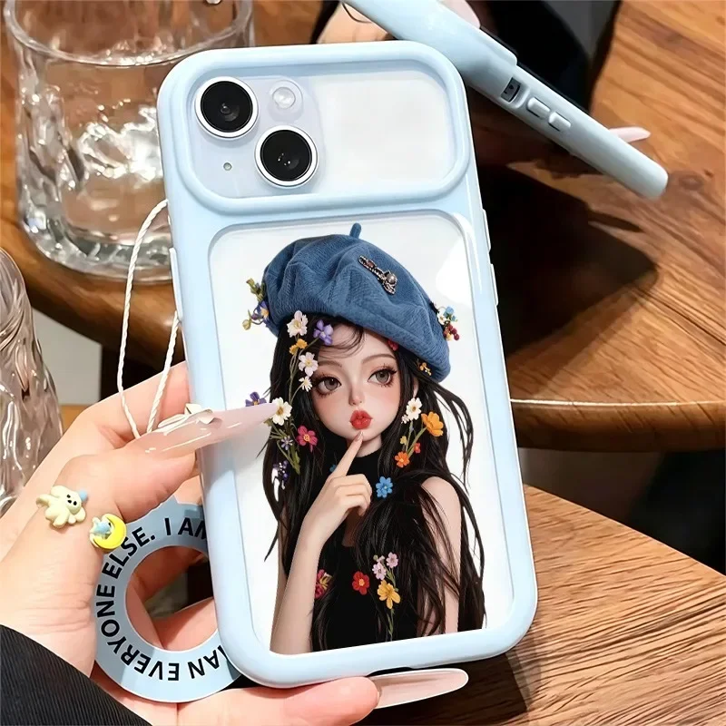 Aesthetic Girl With Blue Beret Wildflower Illustration Phone Case,Large Window Soft TPU Shockproof Protective Cover