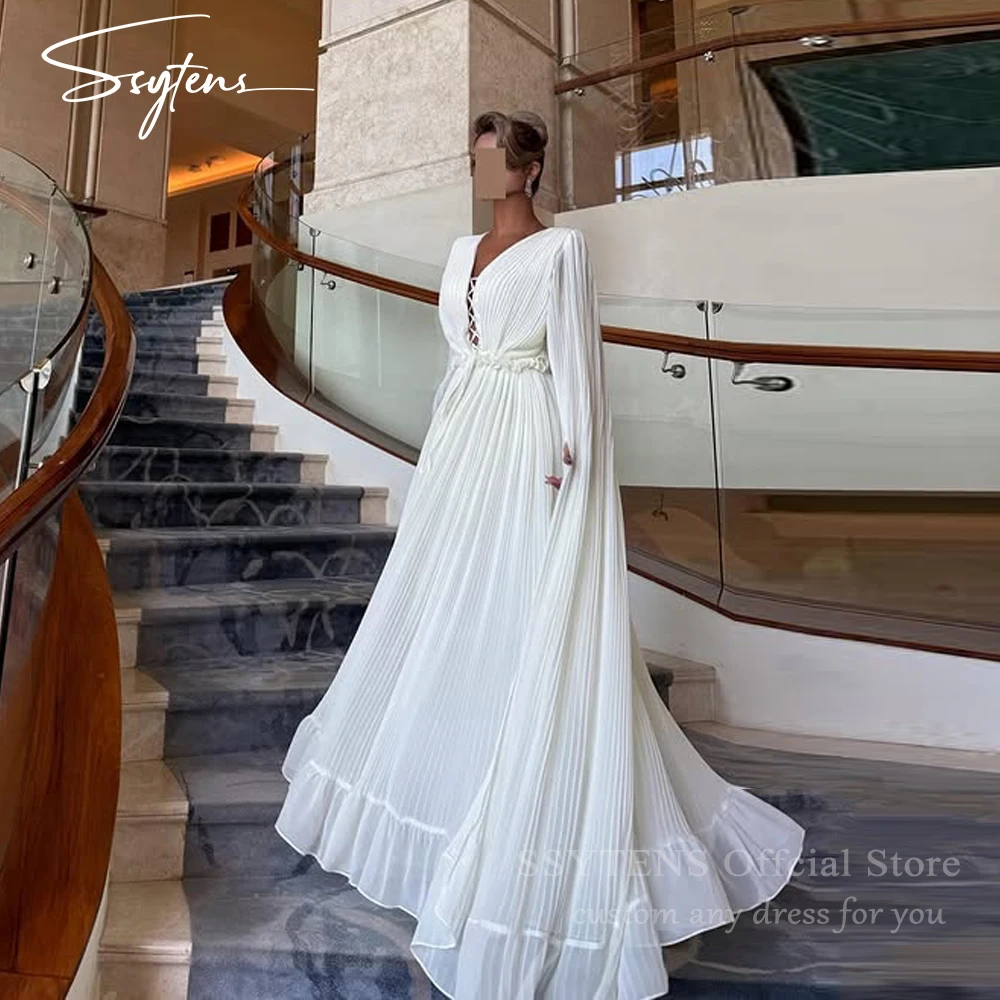 

SSYTENS 2025 A Line Chiffon Evening Dresses V Neck Saudi Arabic Long Sleeves Prom Party Dresses Dubai Formal Gowns Customized