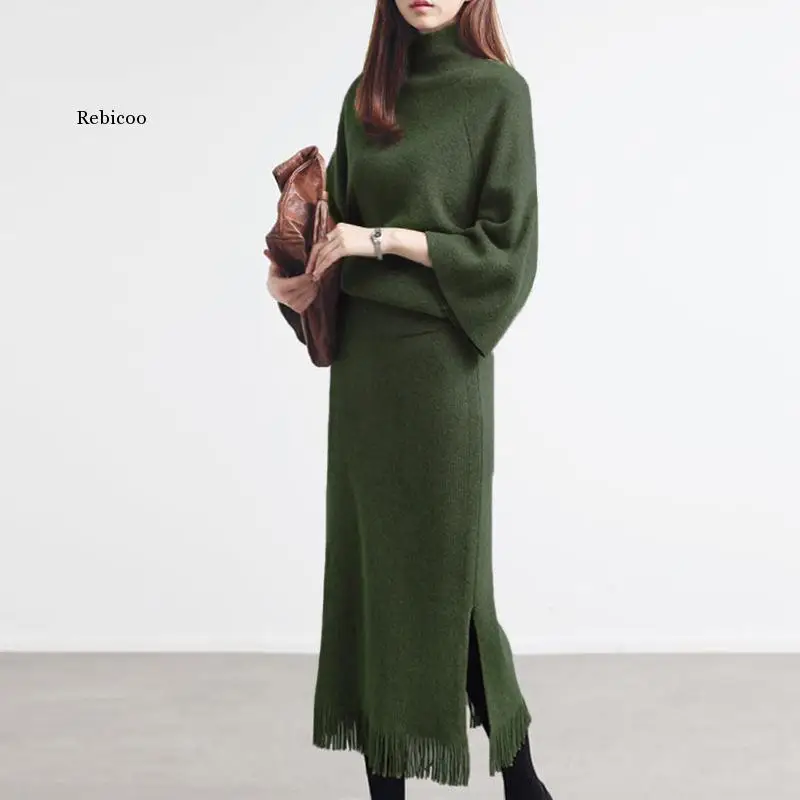 

New Arrival Knit Bouncy Women Suit Loose Tops And Long Tassel Slit Pencil Skirt High Quality Elegant Warm 2 Pieces Women Sets