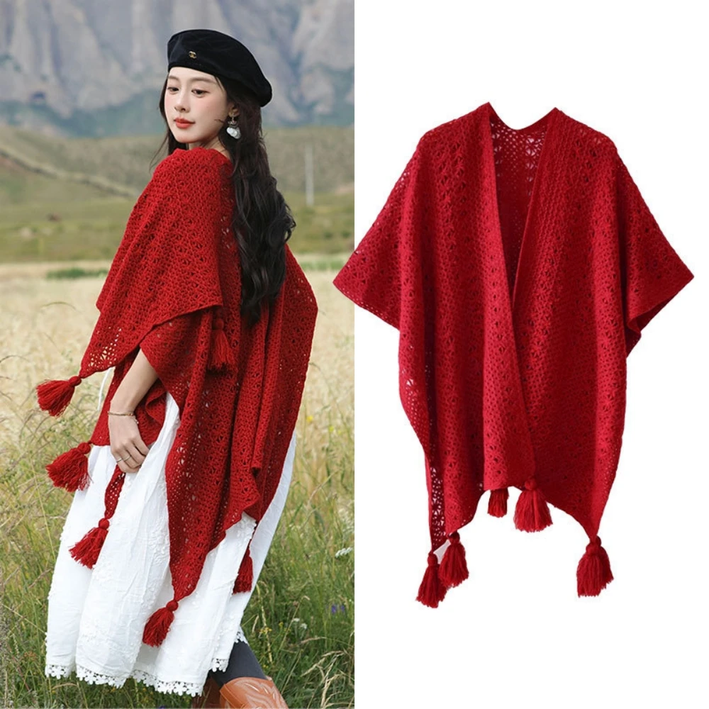Winter Thicken Knitted Women's Shawl Vintage Versatile Hollow Out Loose Cardigan Scarf Solid Ethnic Tassel Travel Scarves Cloak