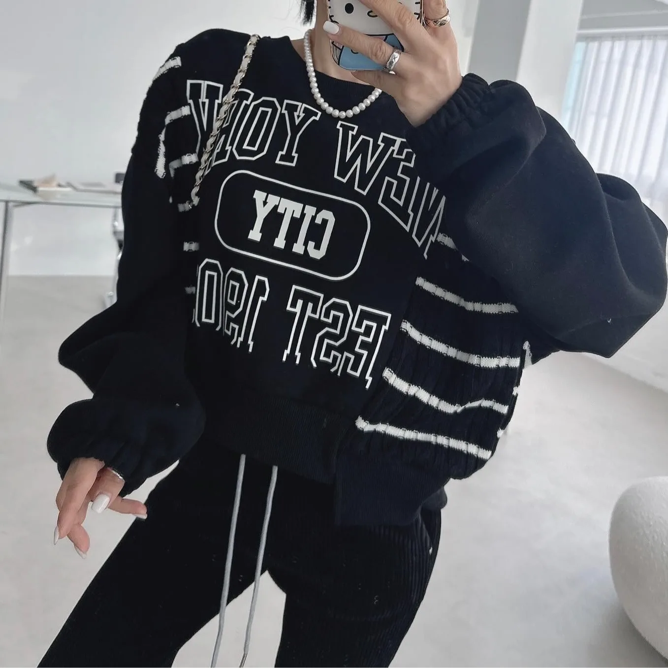 韓国風レタープリントスプライスセーター レディースファッショナブル春秋冬トップス 東大門新作2025