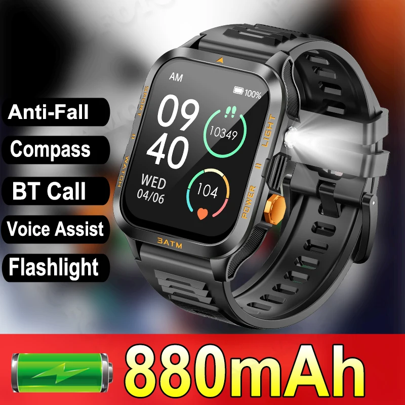 

Men Smart Watch Military Outdoor Sports 880mAh Durable Battery Wrist Watches Compass Flashlight BT Call Health Smartwatch Man