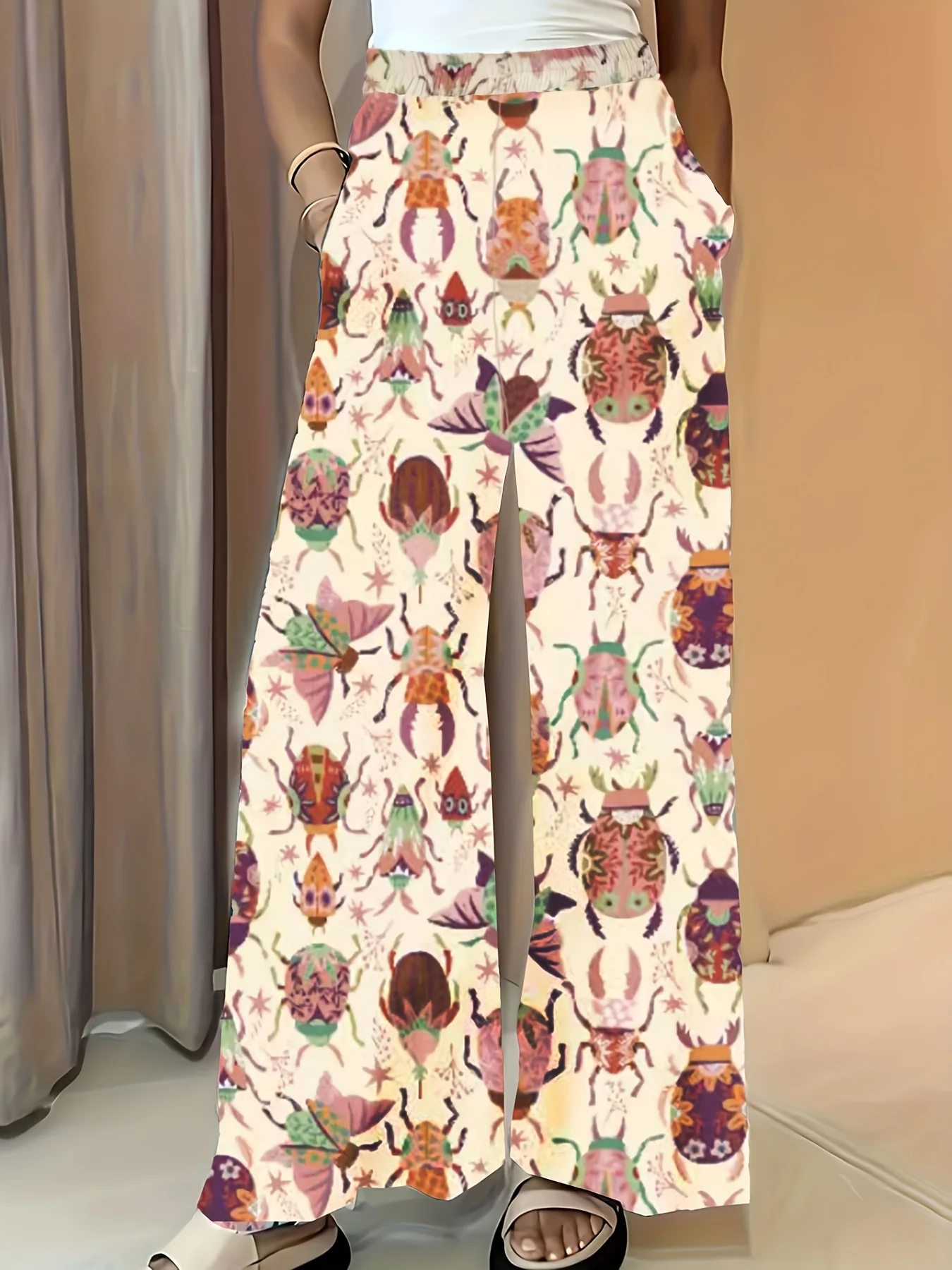 Ladies Bohemian Wide Leg Trousers, Vintage Bug Beetle Graphic Print Loose Summer Beach Pants