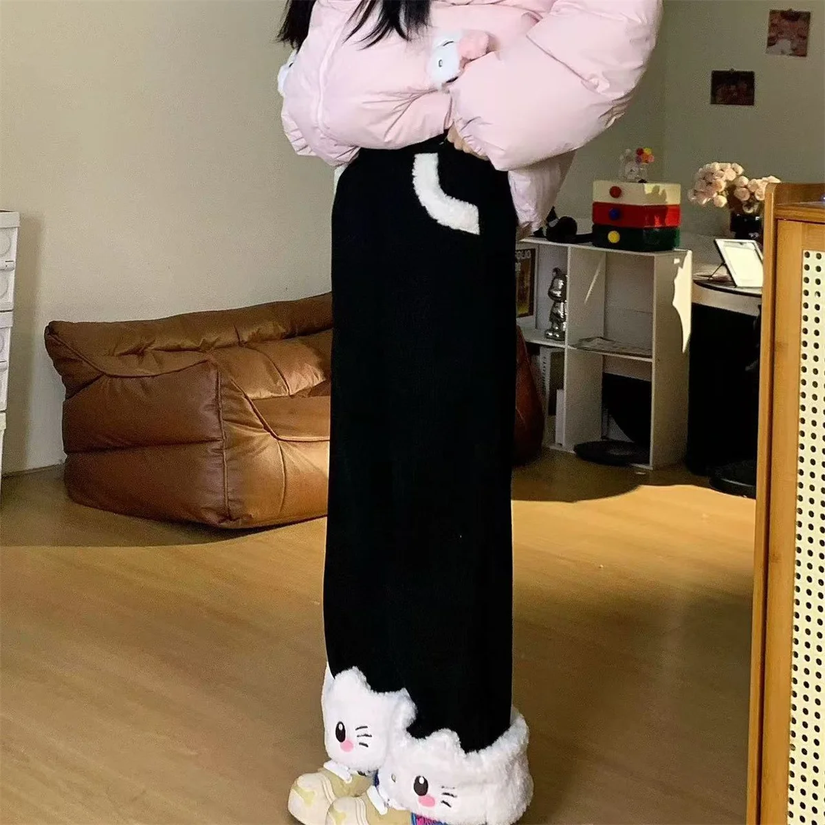 Herbst Winter Japanische Süße Lolita Hochgeschnittene Cordhose Kawaii Cartoon Katze Warme Weite Hose Y2k Lose Niedliche Hose – Detail 2
