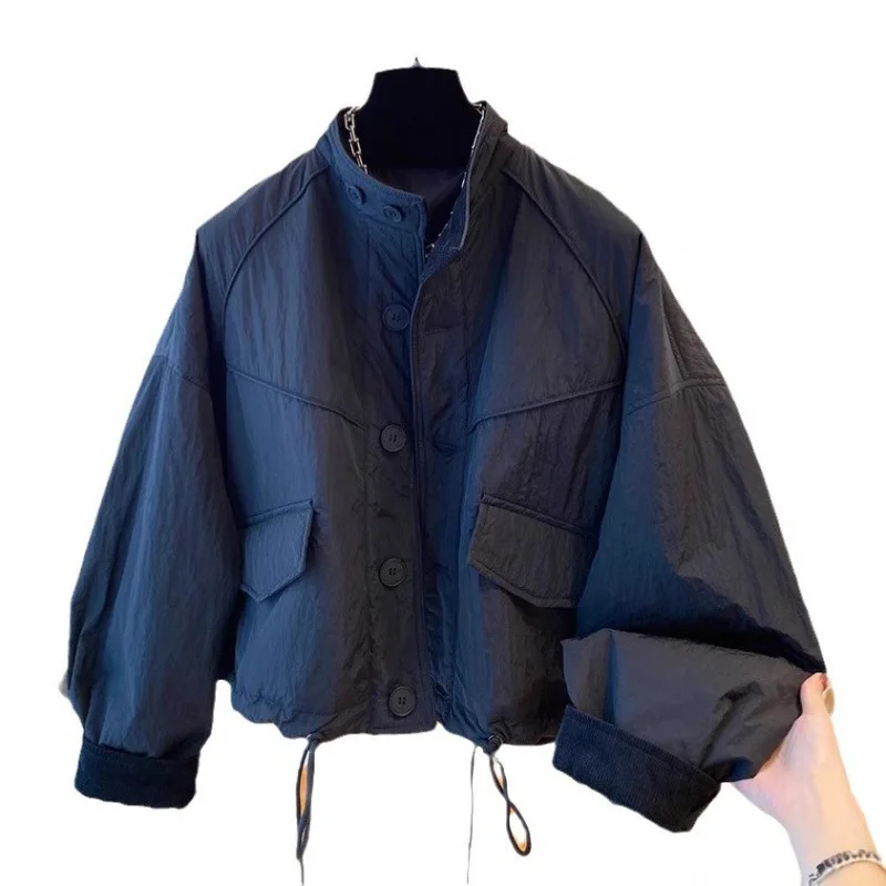 韓国スタイルカジュアルスタンドカラーコットンジャケット女性のファッションソリッドカラーシングルブレストルーズコート新しい冬暖かいアウター