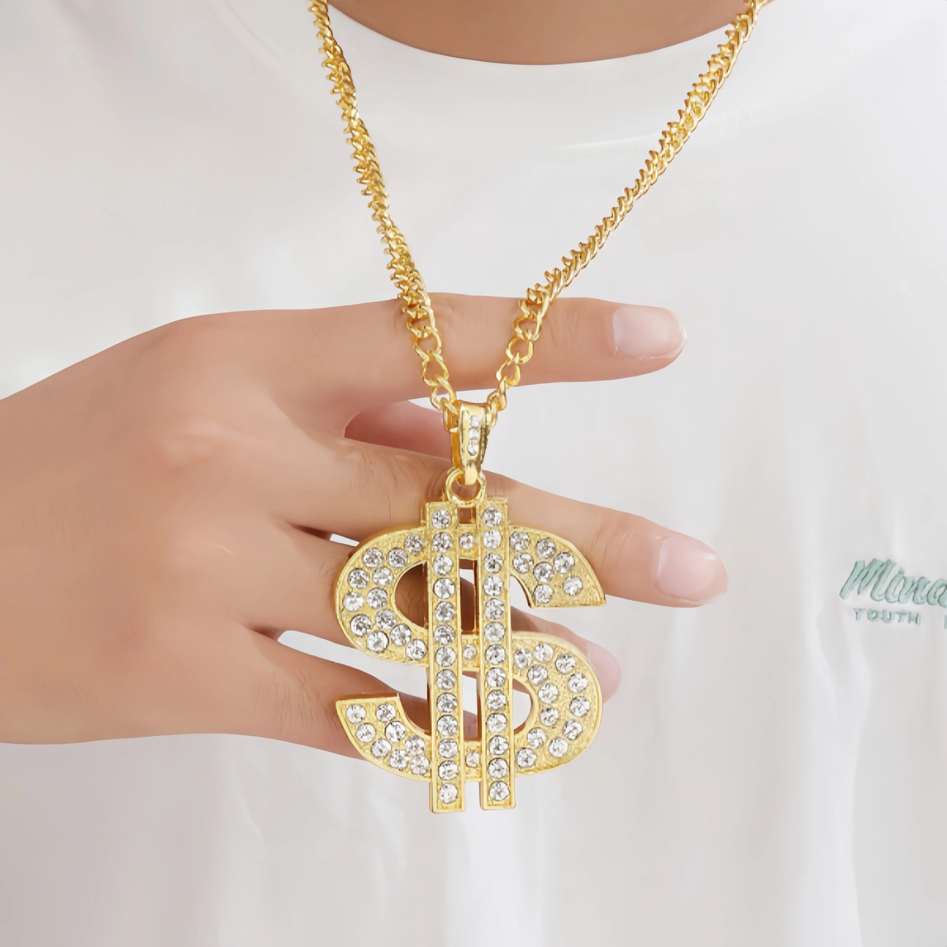 Classic European and American men's golden dollar logo necklaces and Cuban chains, hip-hop money dollar pendants, music festival