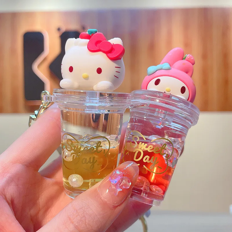 Sanrio Kuromi Melody Quicksand Keychain Cute Milk Tea Cup Shaker Key Ring Kawaii Bag Pendant Accessories for Car Keys Backpack view 2