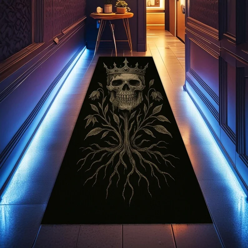 Gekrönter Totenkopf-Läufer-Teppich, gotisches Skelett und Blumenmuster, Flurteppich, dunkle Alternative Horror-Kunst, Heimdekoration
