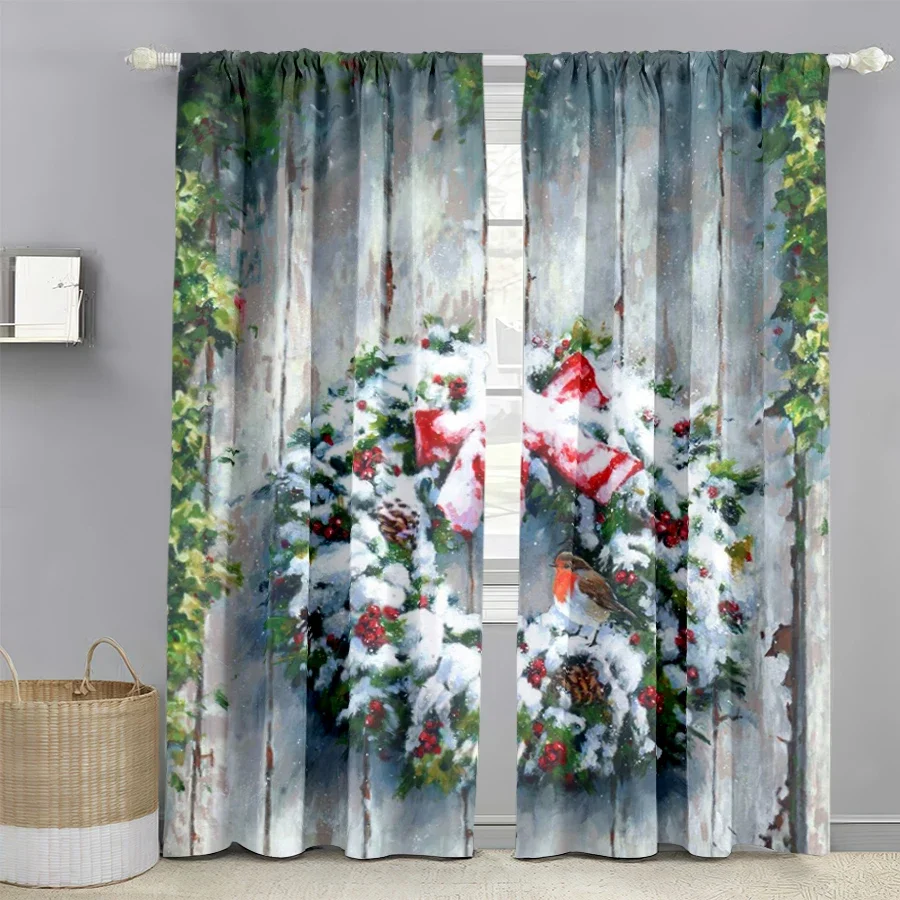 Rustic Winter Wreath Christmas Scene Curtains for Living Room Home Decor Seasonal Window Treatment