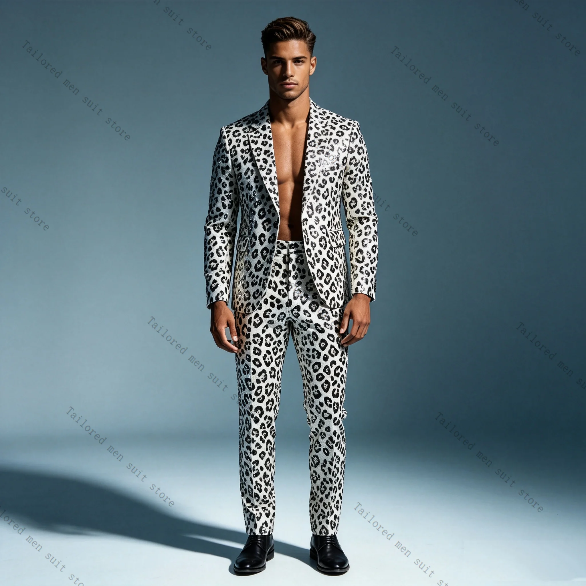 Sequins Leopard Print Men Suits Pants Set 2 Pcs Blazer+Trousers Groom Wedding Tuxedos Jacket Formal Office Business Coat Outfit