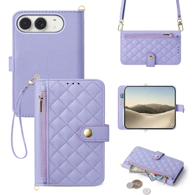 Foldable Phone Case For iPhone Ultra Flip Cover Crossbody Bag Card Slot Quilted Pattern Zipper Wallet Purse Protective Cover