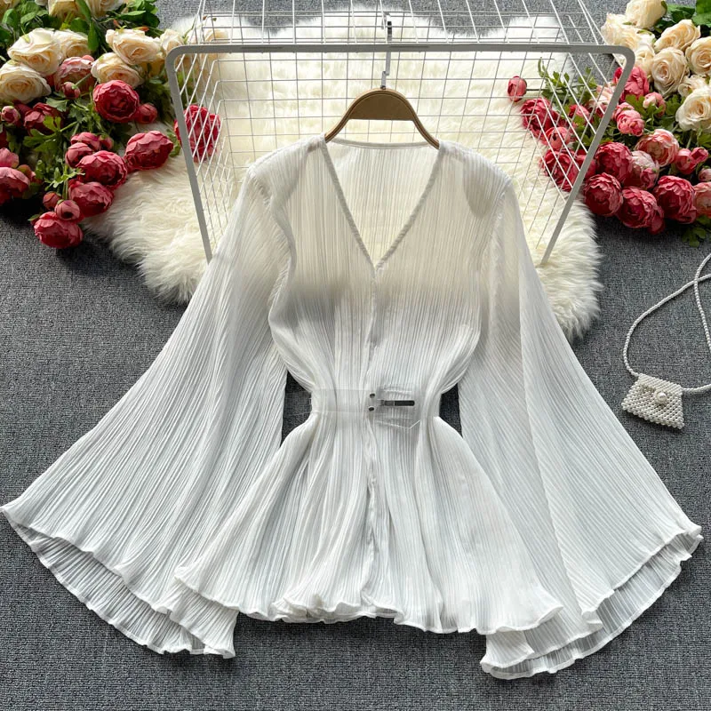 New Spring Autumn Women Sexy V-Neck Flare Sleeve Belt Slim Long Blouse High Quality Miyake Pleated Solid Color Chiffon Shir