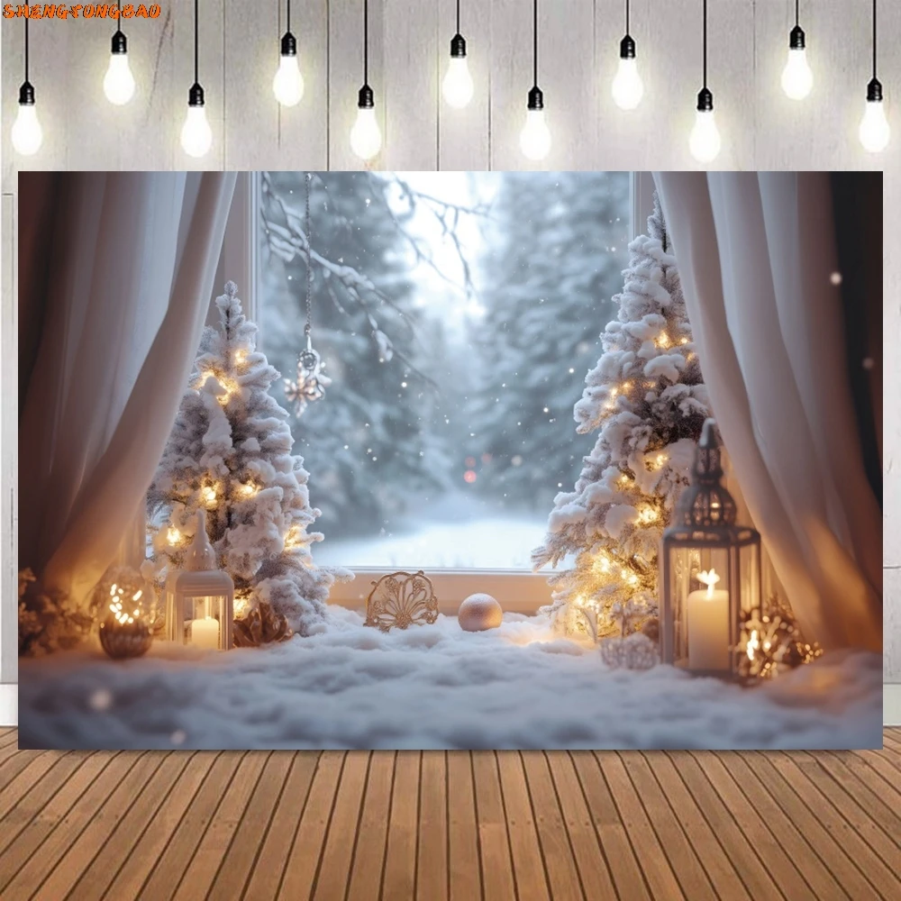 สีขาวคริสต์มาสการถ่ายภาพพื้นหลัง Xmas Pine Tree Gold Bells ฤดูหนาวหิมะเด็กภาพตกแต่งคริสต์มาสฉากหลัง Photo Studio