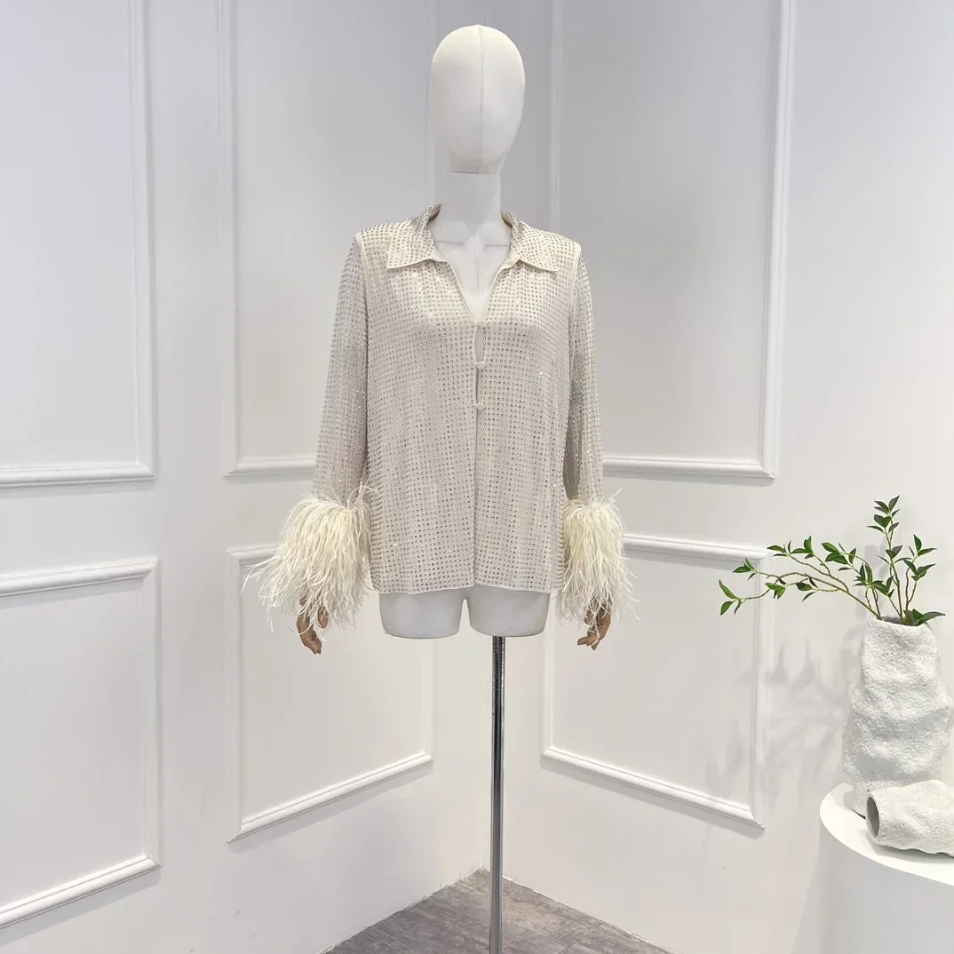 

White 2023 New Fashion High Quality Feather Diamonds Full Sleeve Casual Blouse for Woman