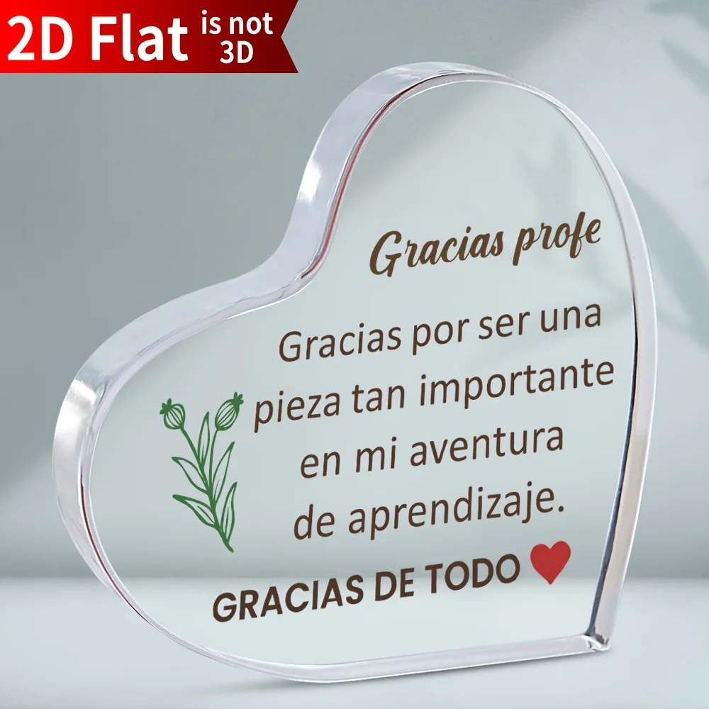 2D Flat Spanish Teacher Appreciation Gift, Heart Acrylic Plaque, Thank You Card for Educators