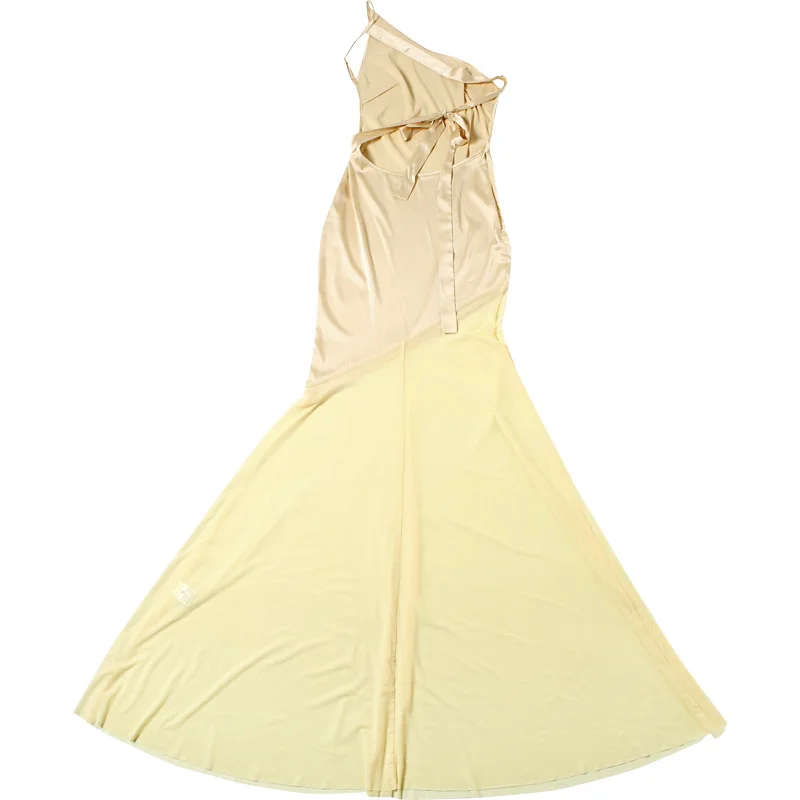 エレガントな非対称ショルダーサテンメッシュパッチワークパーティークラブイブニングドレス女性のセクシーな背中の開いたボディコンホリデービーチウェア