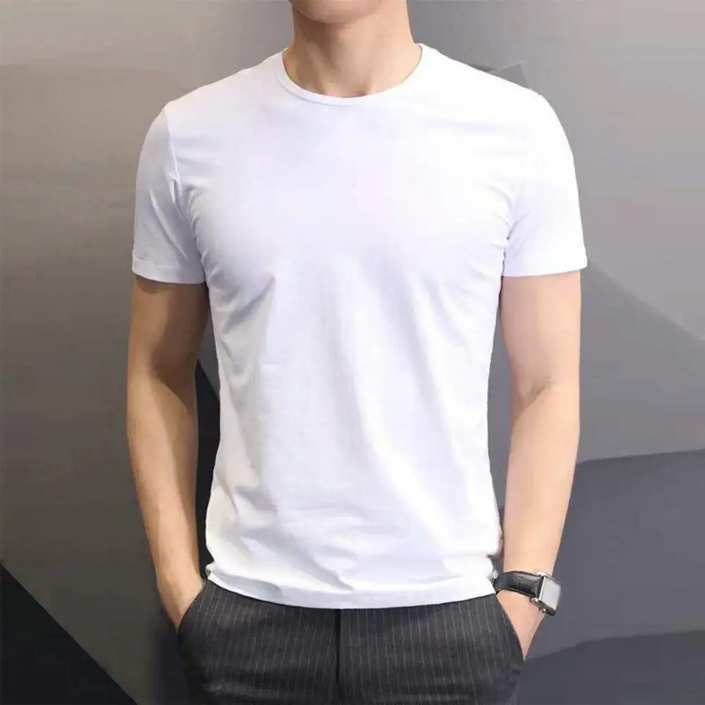 Solid Color Men T-shirt Round Neck Short Sleeve Regular Fit T-shirt Casual Mid Length Pullover Daily Tee Men Business T-shirt