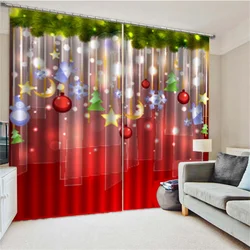 Red Christmas Ball Tree Light Happy New Year Window Curtains Blinds for Living Room Kids Bedroom Kitchen Door Home Decor 2Pcs