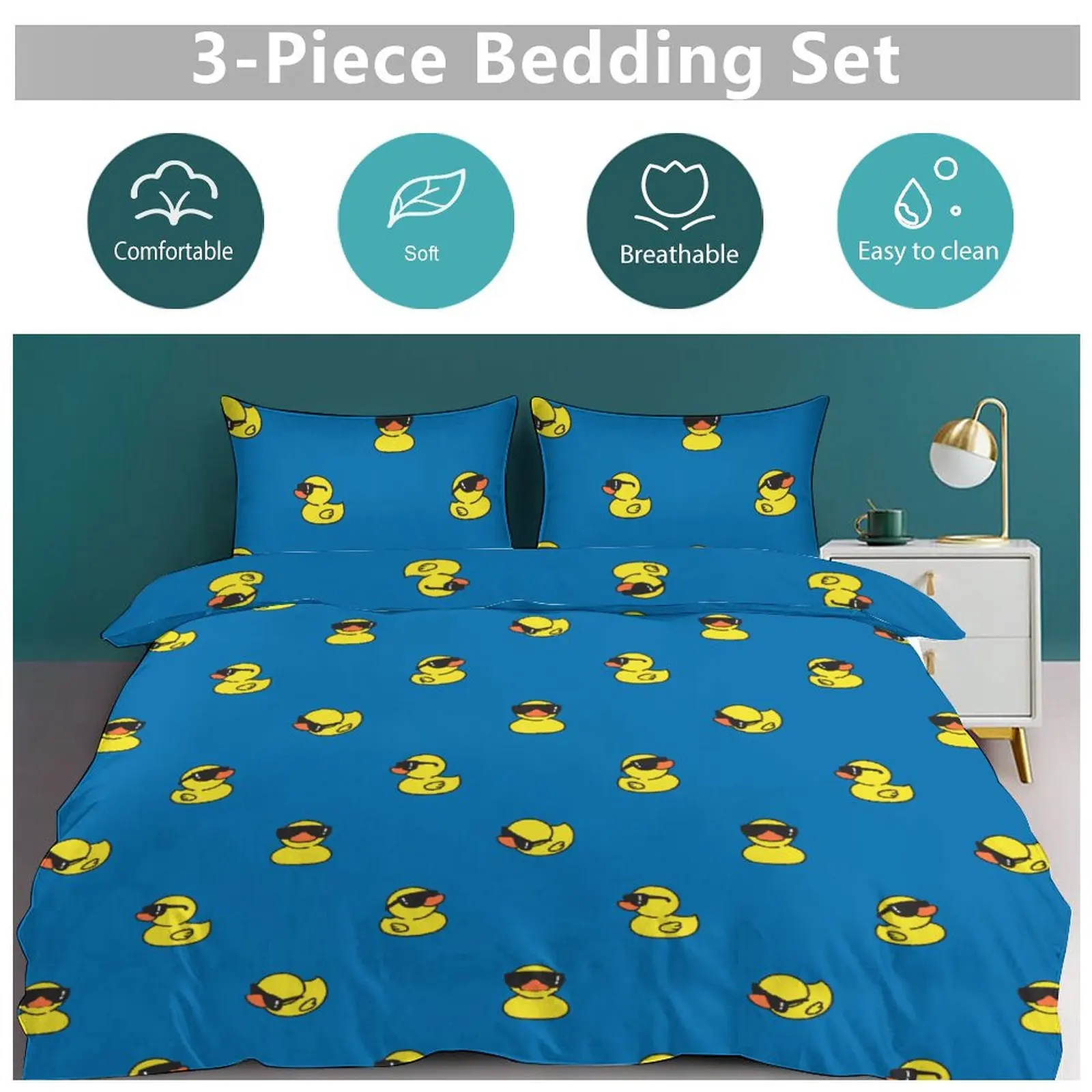 Little Yellow Duck Wearing Sunglass Three Piece Bedding Set Children Adults for Beds Quilt Covers Birthday Gifts for Women Men