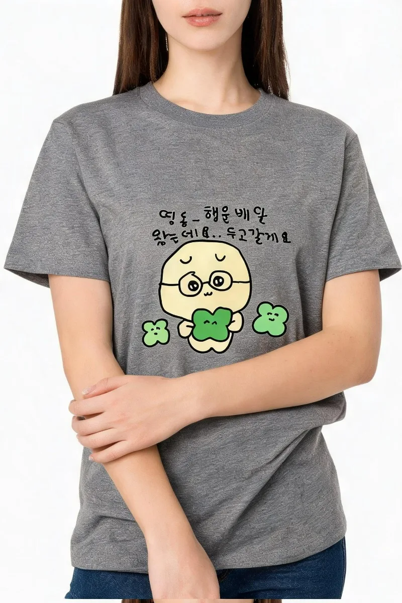 Women 100% Cotton Casual Top Kawaii Korean Cartoon Figure Four Leaf Clover Korean Letter Print Daily Streetwear Short Sleeve Top