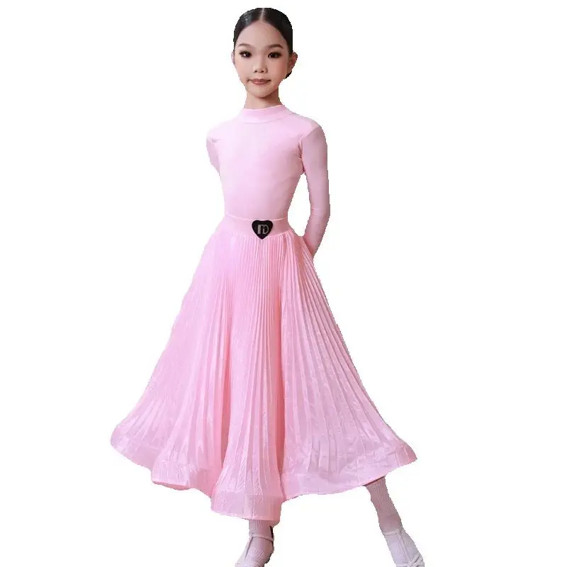 High-end dança de salão profissional vestido meninas rosa mangas compridas dança latina desempenho traje crianças palco wear sl14010