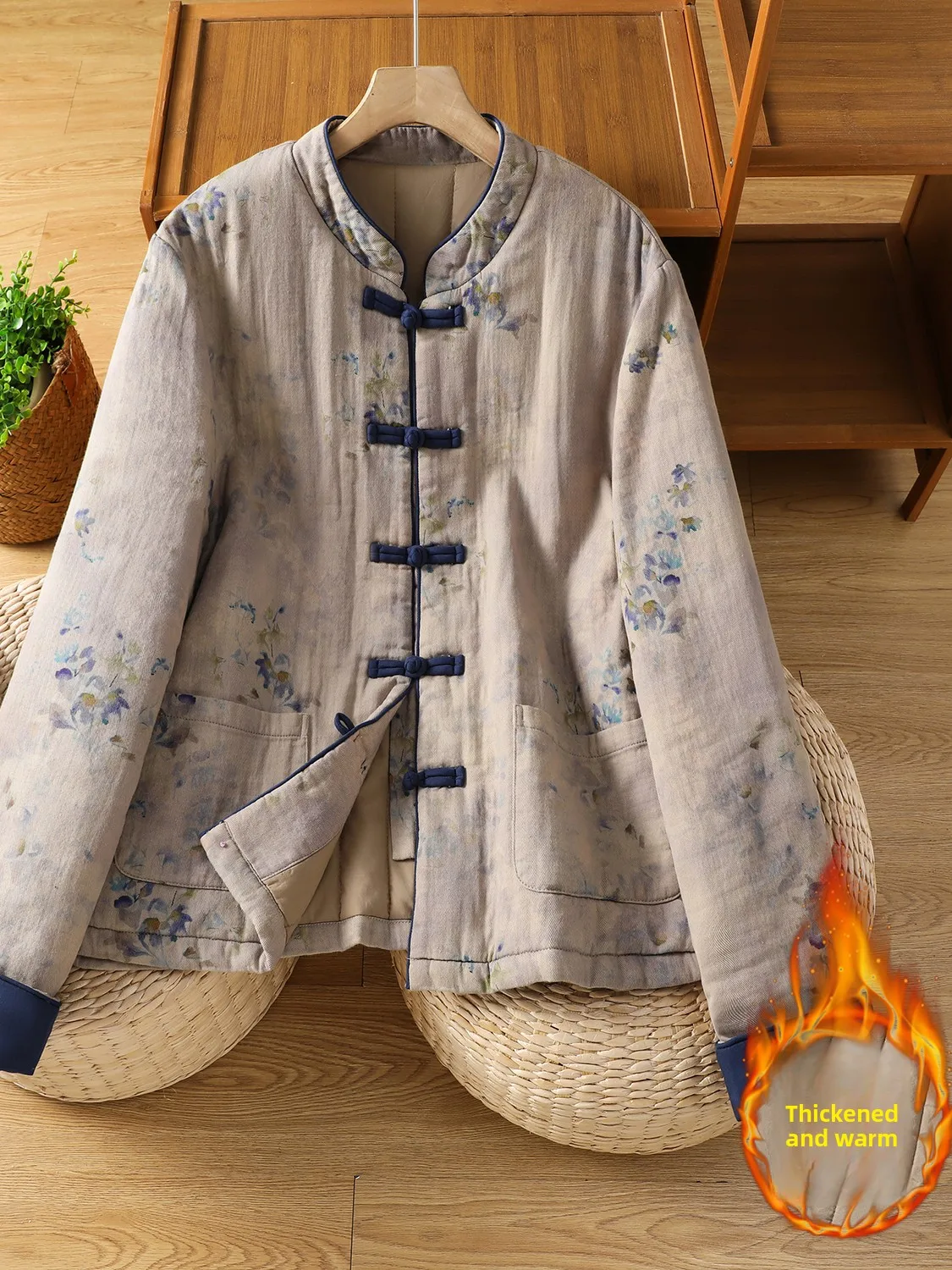 

Warmth Printed Large Size Women's Jacket Stand Collar Button Front Cotton Filled Casual Style Winter Outerwear