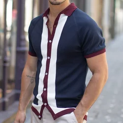 Men Clothing 2023 Summer New Single-breasted Splicing Color Knitted Shirt Men's Casual T Shirt