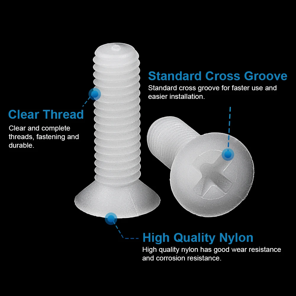 20-50 قطعة/الحزمة الصليب شقة رئيس البلاستيك آلة مسامير M2 M2.5 M3 M4 M5 M6 CSK رئيس مسامير النايلون الأبيض معزول فيليبس المسمار
