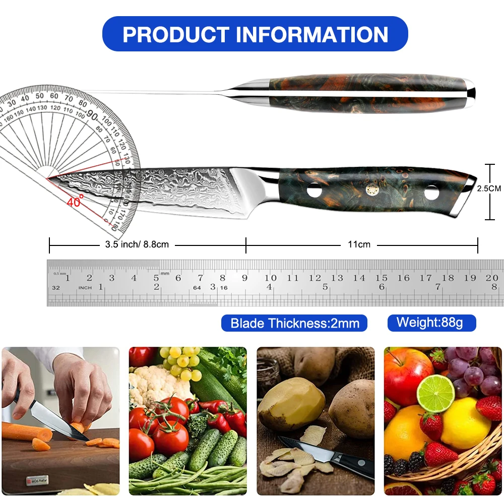Stabilized Wood Handle 3.5 Inch Damascus Paring Knife Small Fruit Knife Ultra Sharp VG10 Core 67 Layers Steel Utility Knife