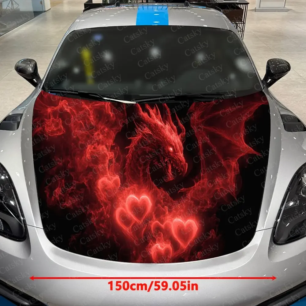 Red Flame Heart Dragon Dreamy Car Vinyl Wrap, PVC Waterproof Car Sticker, Self-Adhesive Scratch-Resistant Engine Cover Sticker