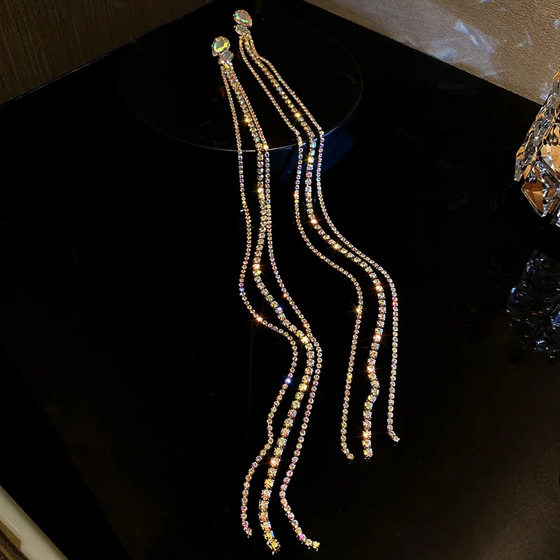 DREJEW Geometrische bunte Strass-Ohrringe für Frauen, übergroße lange Quasten-Kristall-Ohrringe, Statement-Schmuck