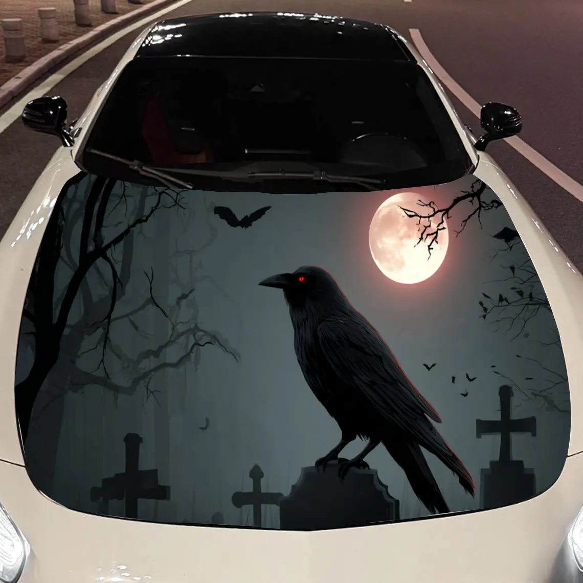 

Dark and gloomy graveyard Blood moon and crows Car Hood Vinyl Stickers Car Surface Protection Decal Car Decoration Cover Vinyl W