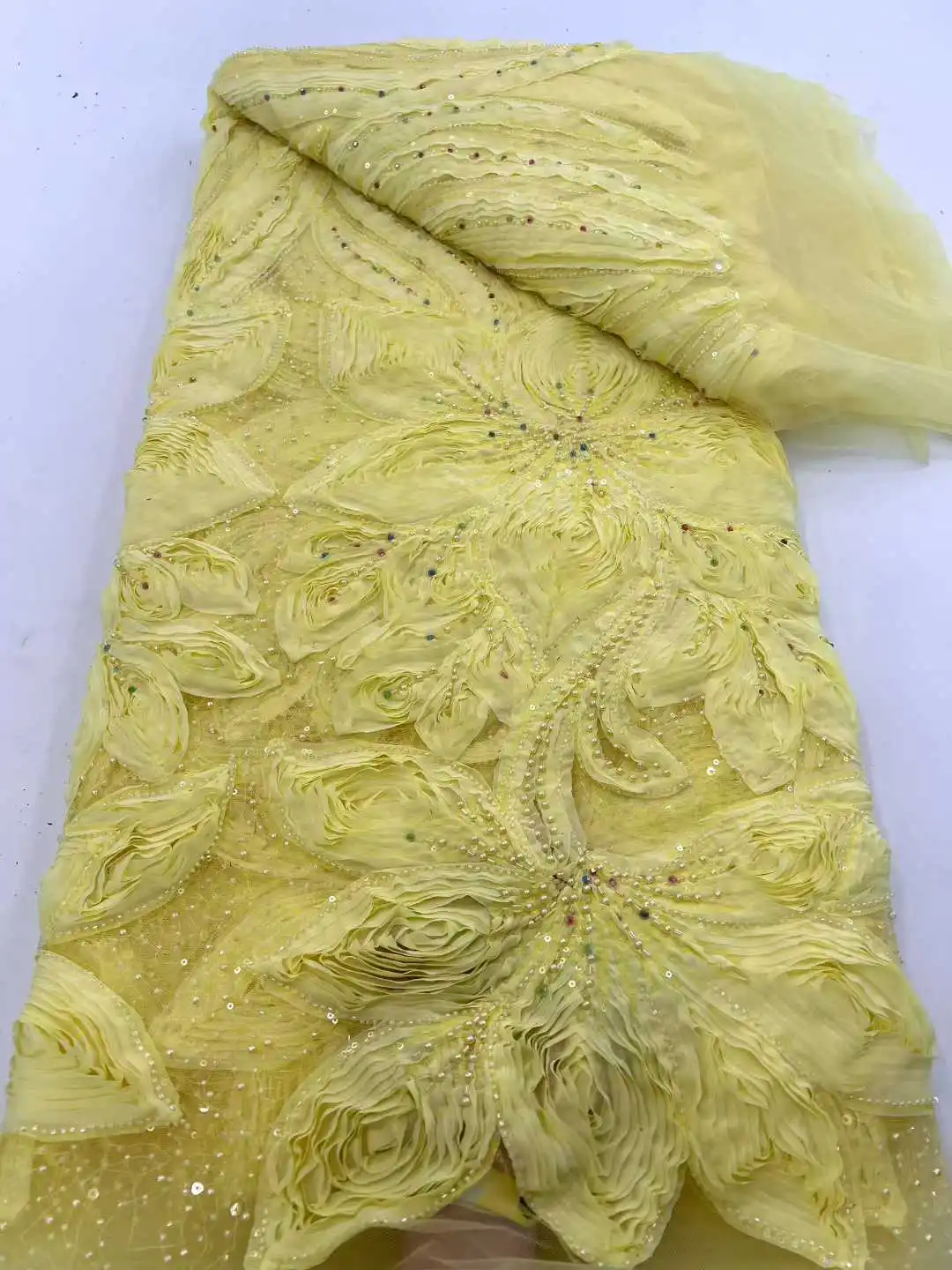 New African 3D Lace Fabric 5 Yards 2026 High Quality With Beads Embroidered Lace French Nigerian Sequins Lace Fabric For Wedding