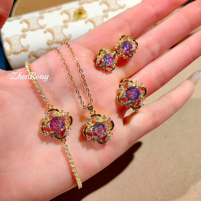 Octagonal Millennium Rose Pendant Necklace, Rose Pink Ring, Paraiba Ear Ring, Pink Diamond Bracelet, Women's Engagement Set of J
